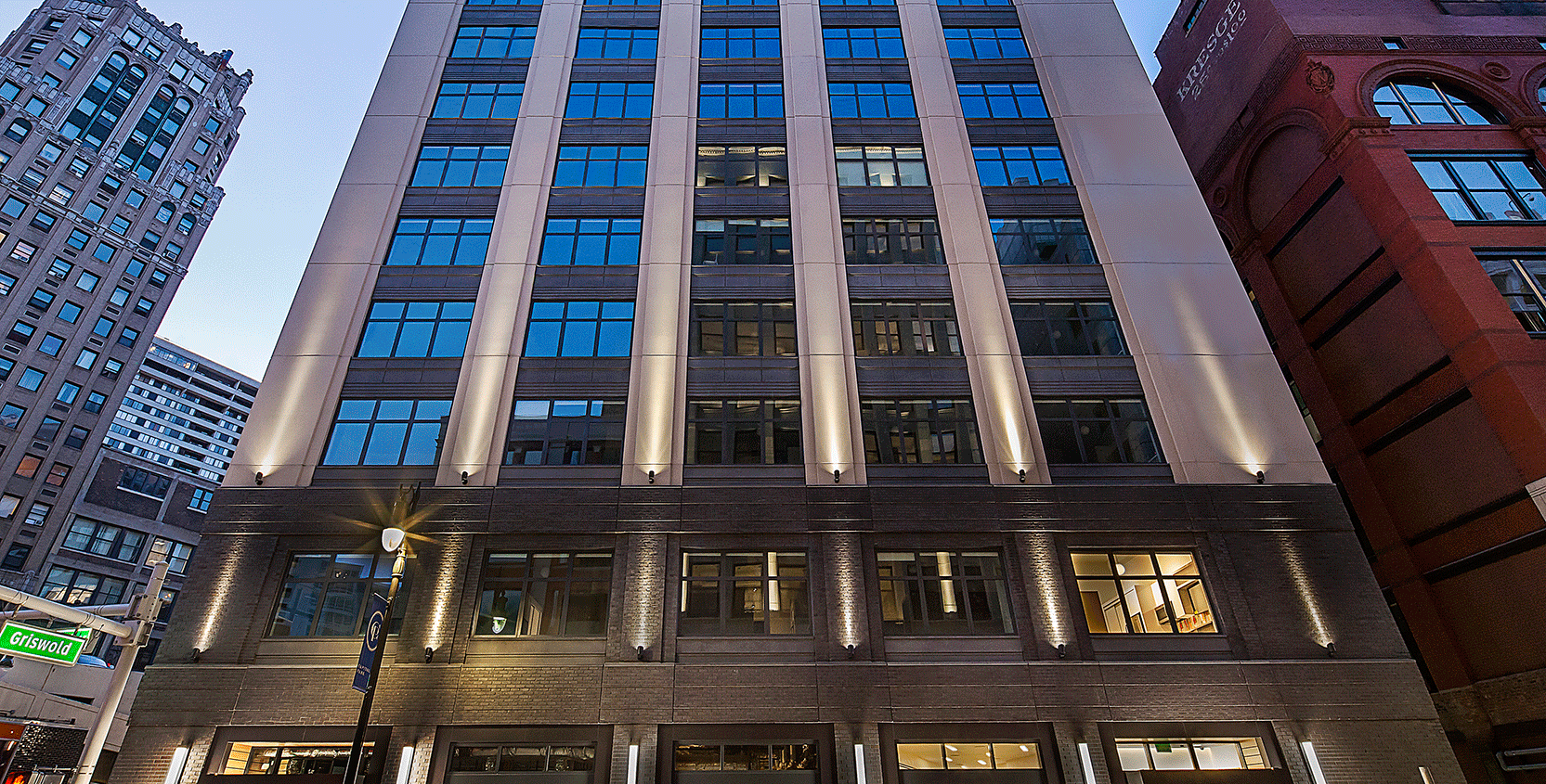 28 W Grand Lofts-Exterior-Facade-Dusk-5